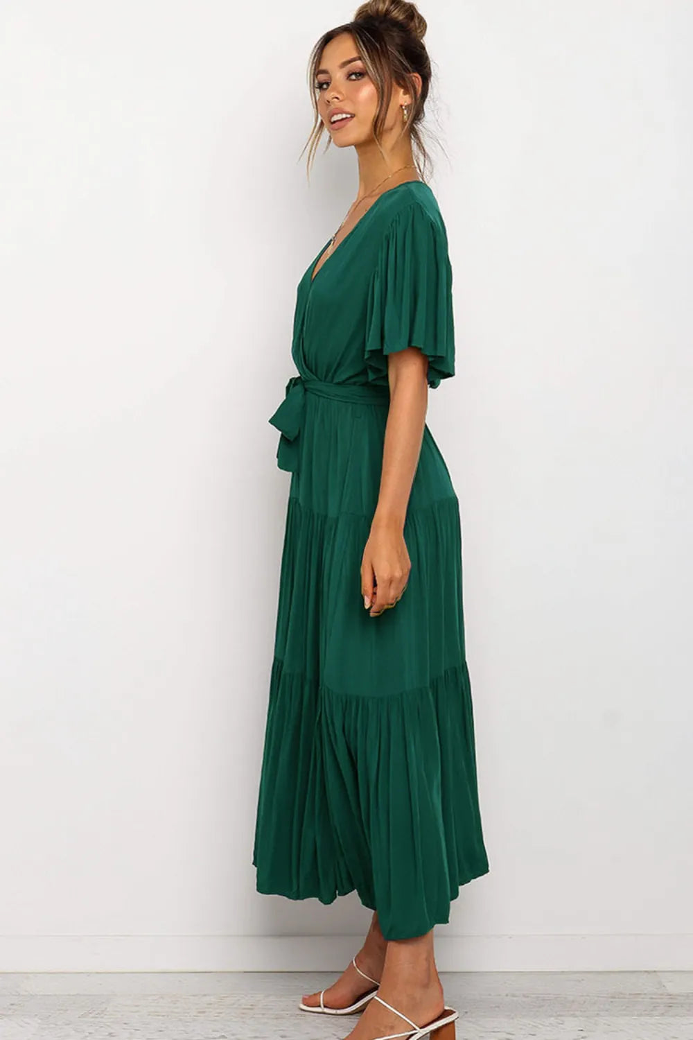 Front Tie Short Sleeve Tiered Midi Dress - Blushé Belle