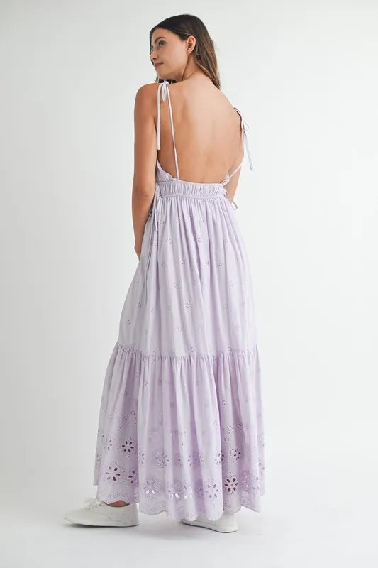 MABLE Eyelet Lace Maxi Dress With Side Strap Details - Blushé Belle