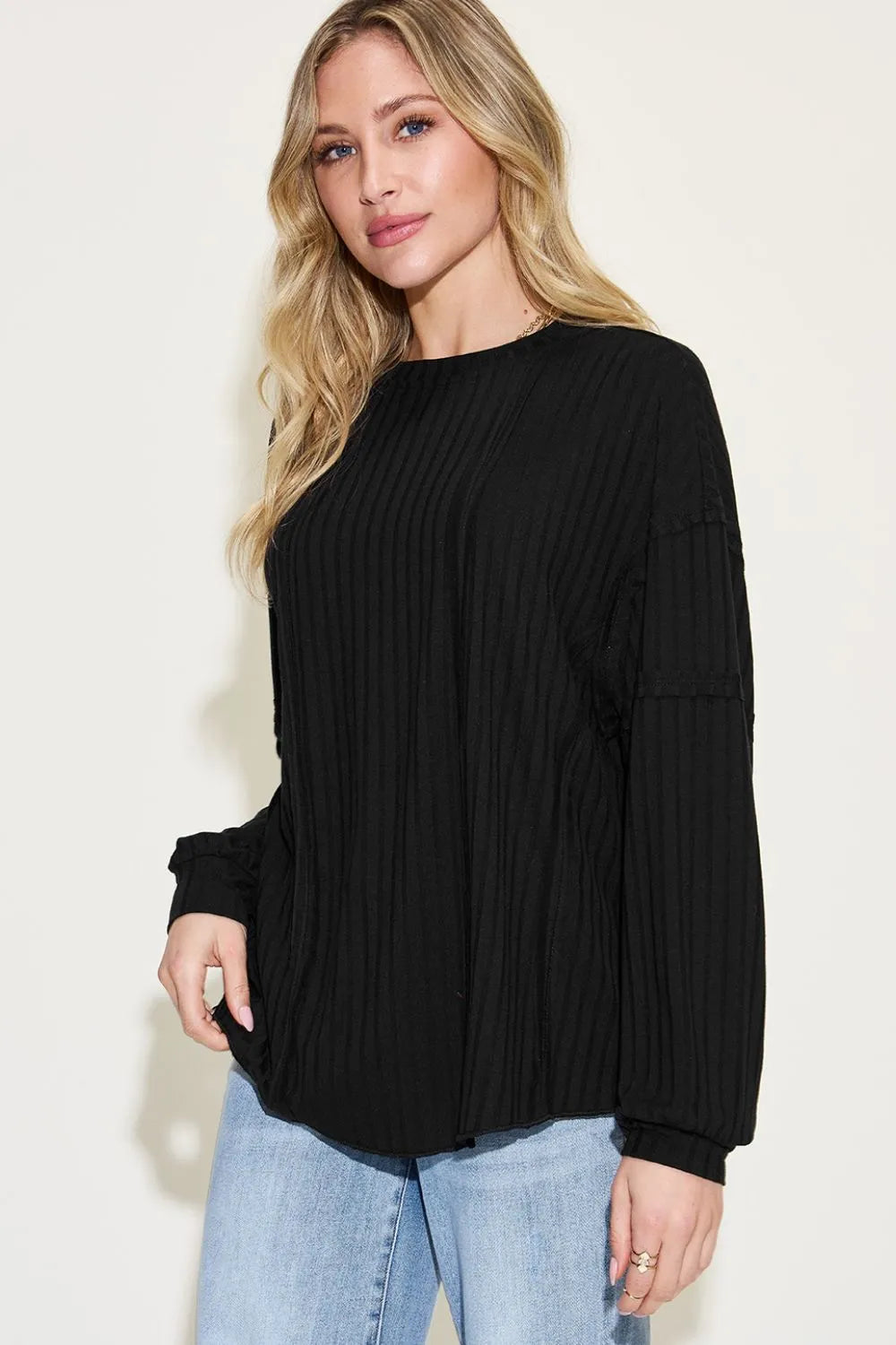 Basic Bae Full Size Ribbed Round Neck Long Sleeve T-Shirt - Blushé Belle