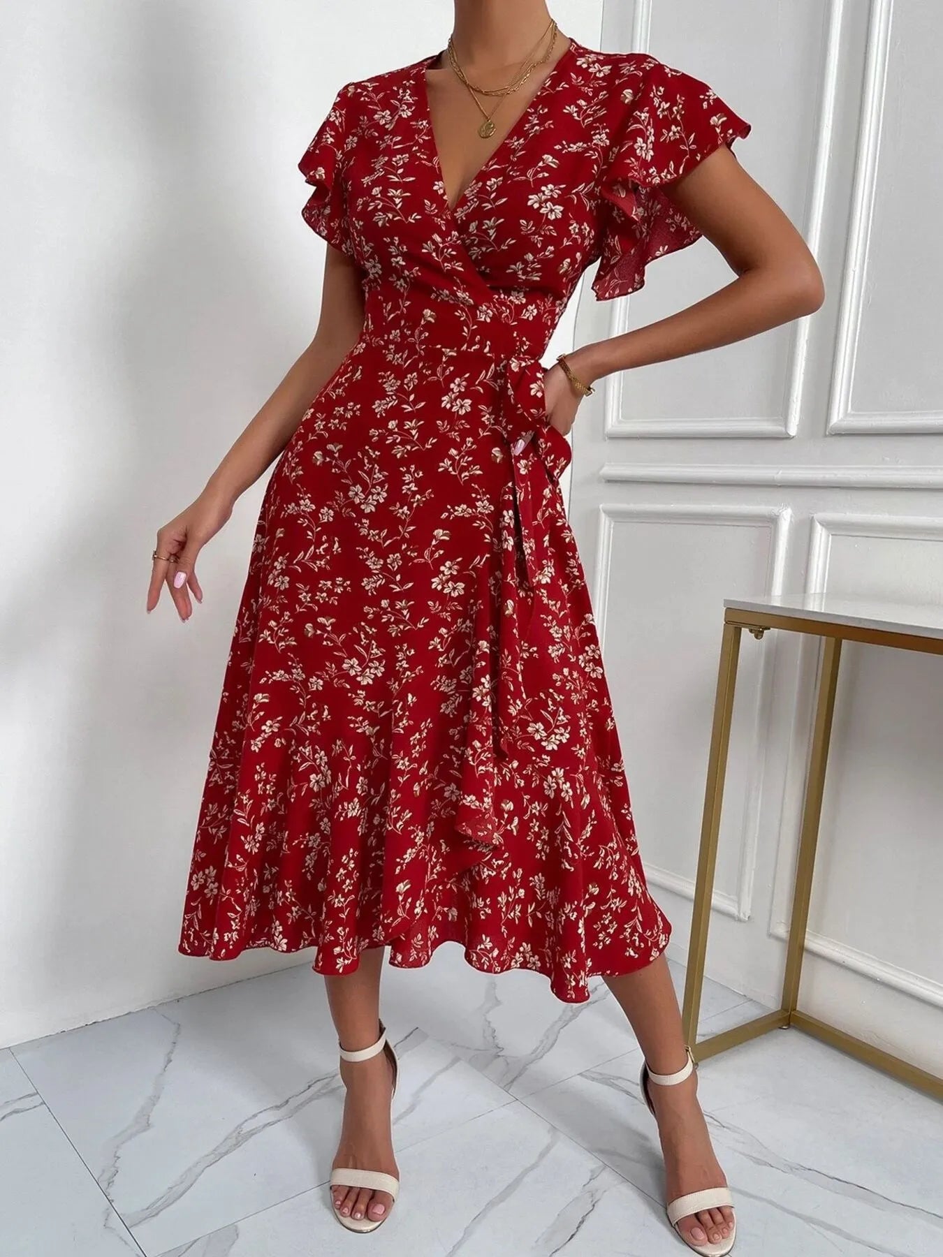 Floral Ruffle Sleeves Midi Dress - Blushé Belle