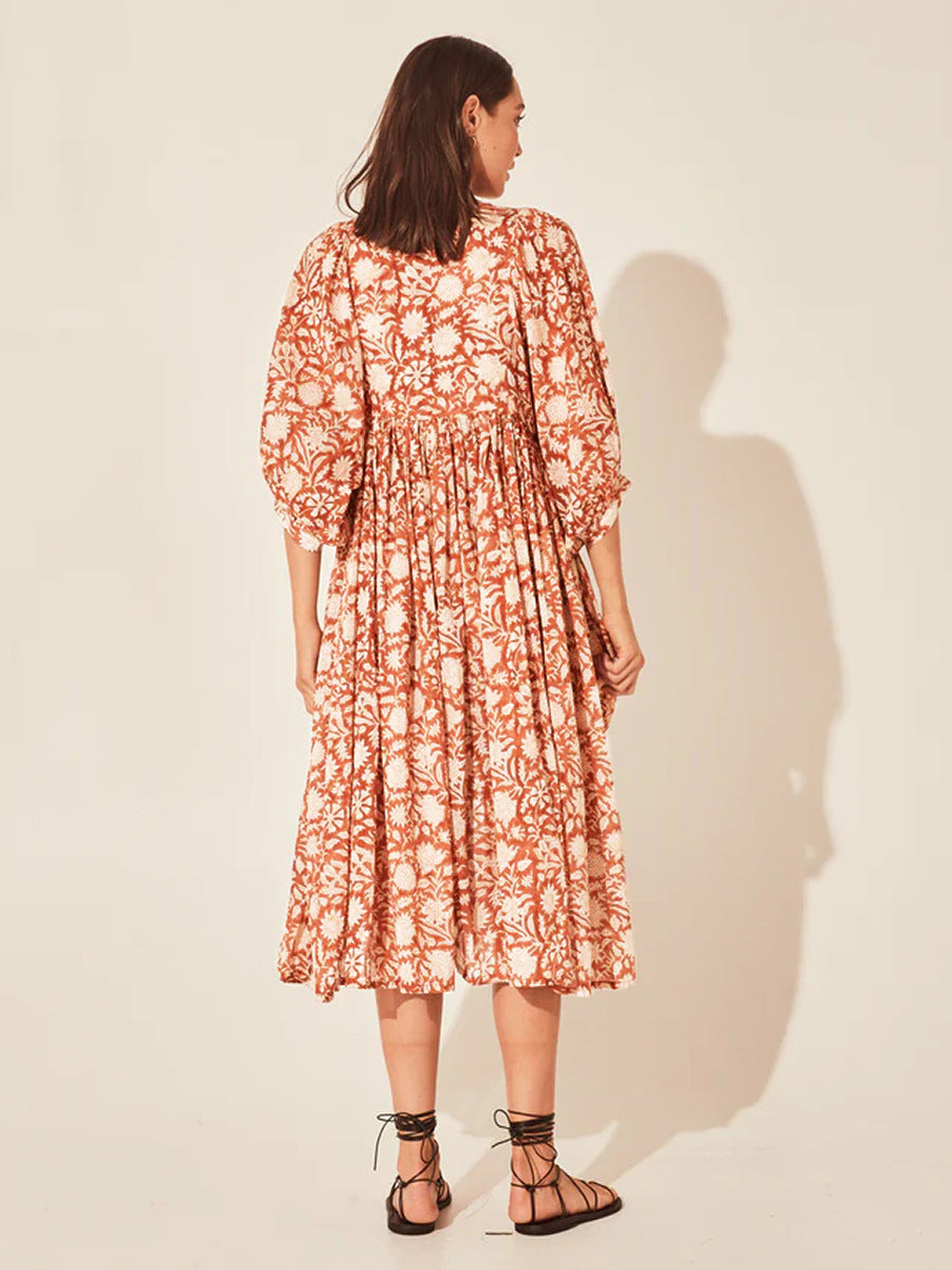 Floral Tie Neck Lantern Sleeve Dress - Blushé Belle