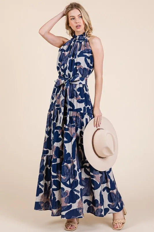 Lime 'N' Chili Abstract Halter Neck Tie-Waist Tiered Maxi Dress - Blushé Belle