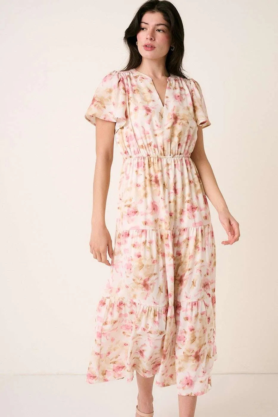 Mittoshop Flower Print Flutter Sleeve V Slit Maxi Dress - Blushé Belle