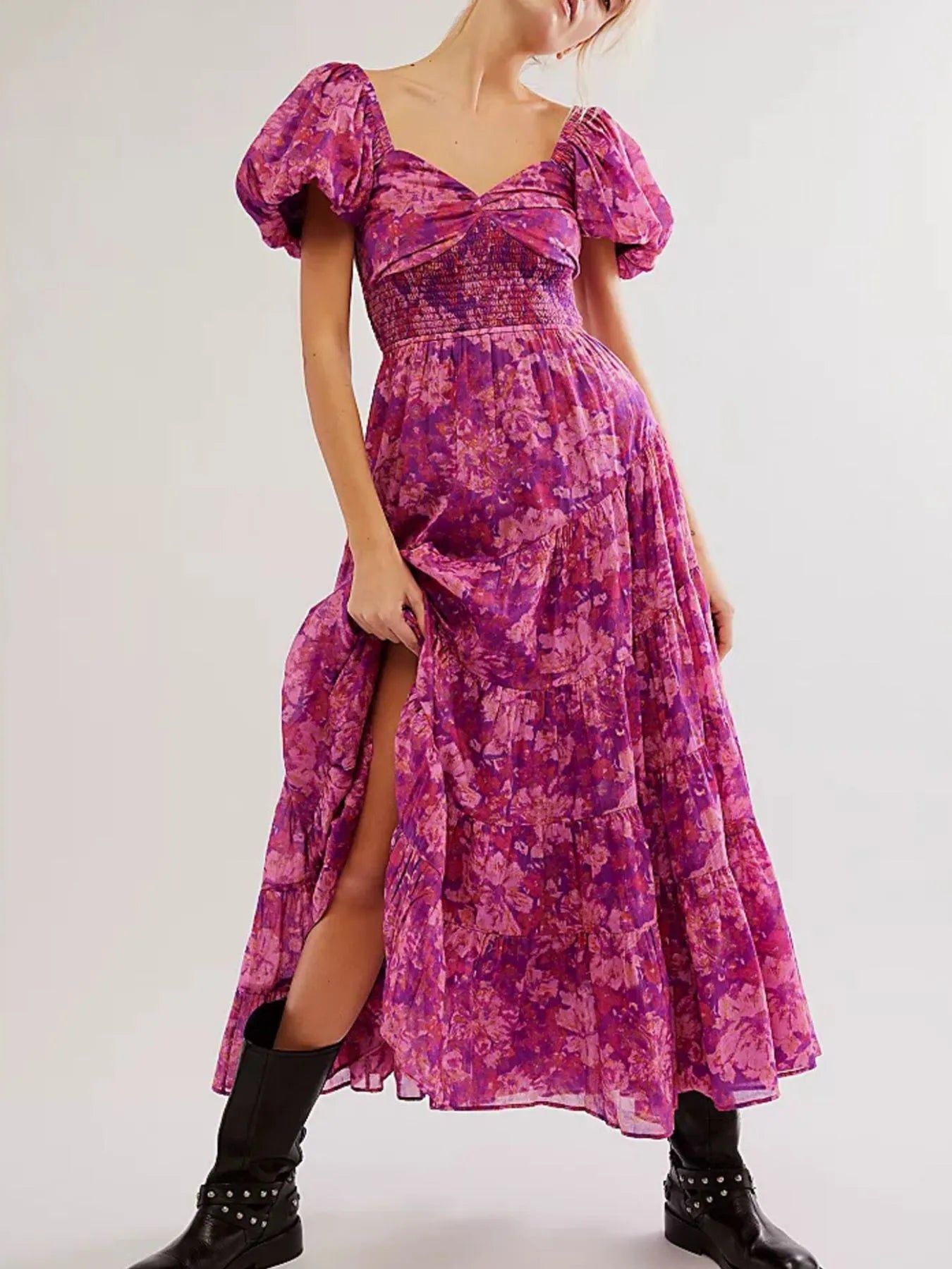 Printed Sweetheart Neck Puff Sleeve Maxi Dress - Blushé Belle