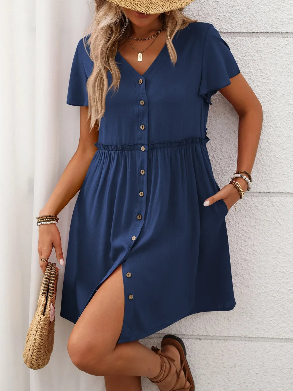 Button Front Flutter Sleeve Dress - Blushé Belle