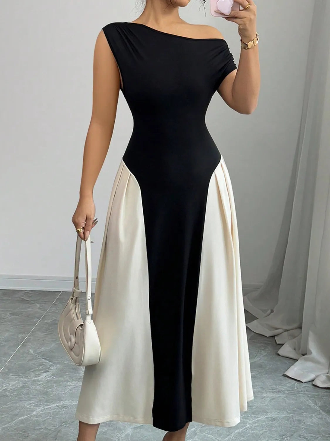 Contrast Single Shoulder Midi Dress - Blushé Belle