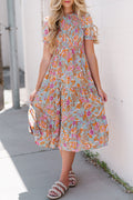 Floral Flounce Sleeve Round Neck Midi Dress - Blushé Belle
