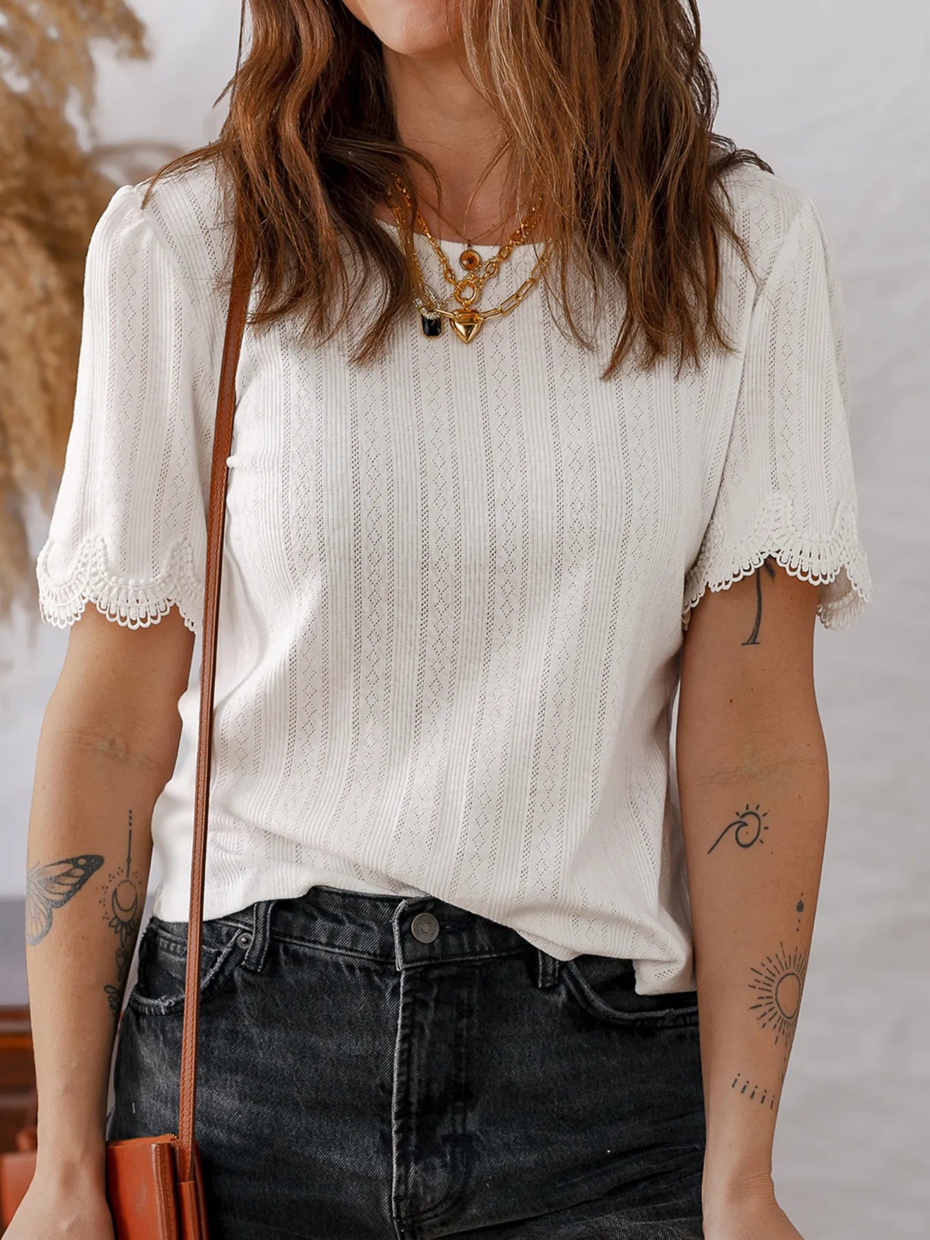 Scalloped Lace Trim Jacquard Textured T Shirt - Blushé Belle