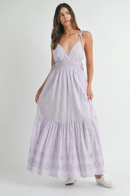 MABLE Eyelet Lace Maxi Dress With Side Strap Details - Blushé Belle