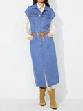 Slit Half Button Collared Neck Cap Sleeve Denim Dress - Blushé Belle