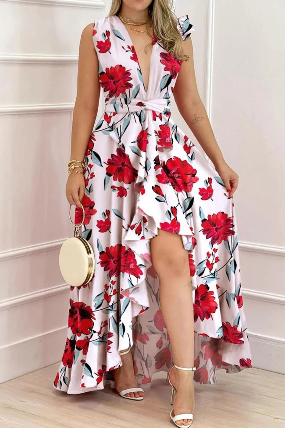 Ruffled Plunge Sleeveless Maxi Dress - Blushé Belle