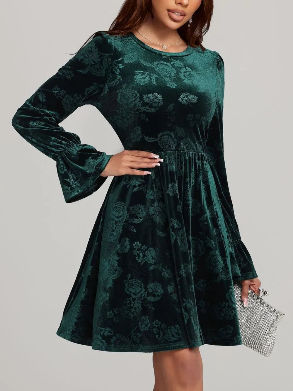 Tied Flower Print Round Neck Flounce Sleeve Dress - Blushé Belle