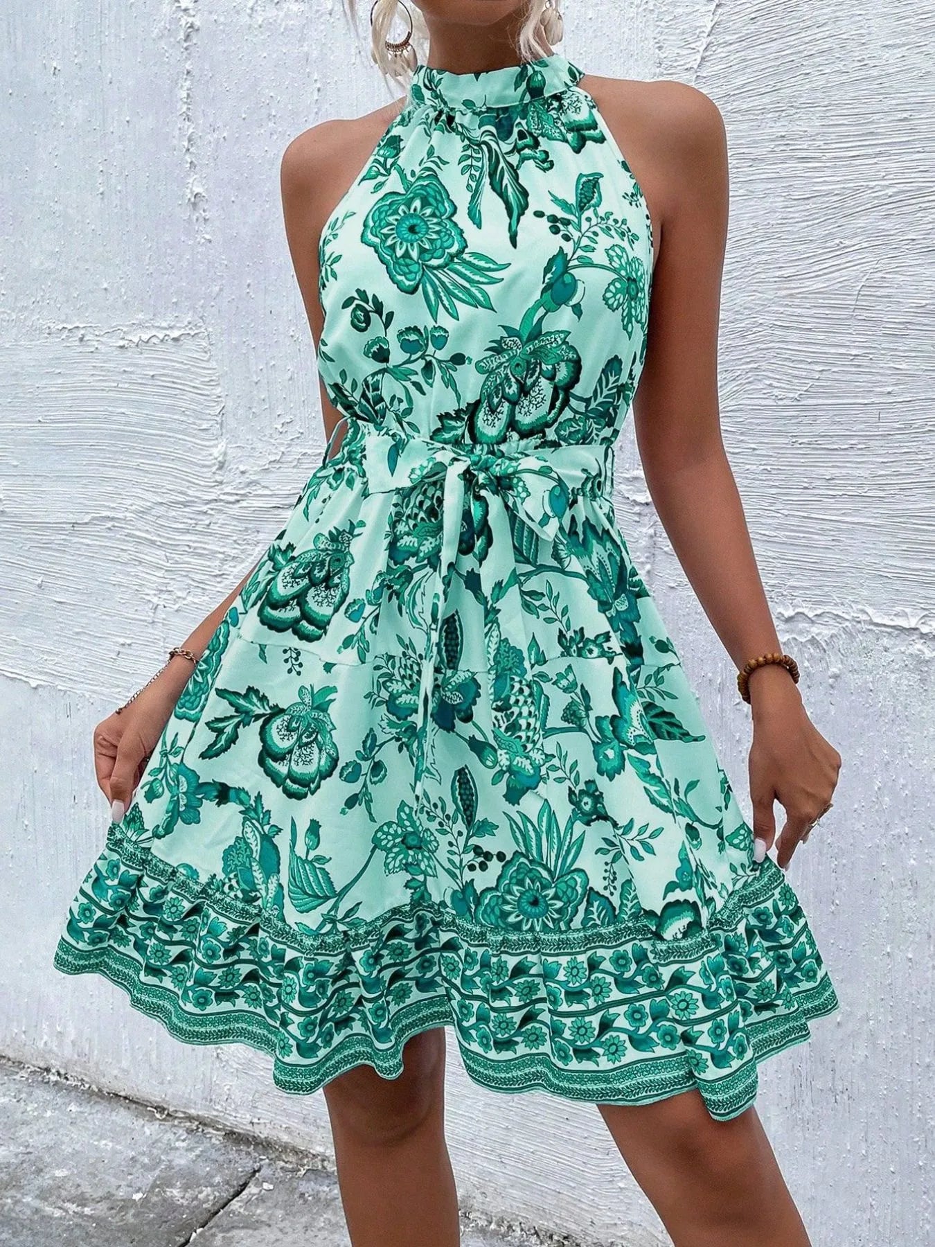 Floral Halter Neck Summer Dress with Belt - Blushé Belle