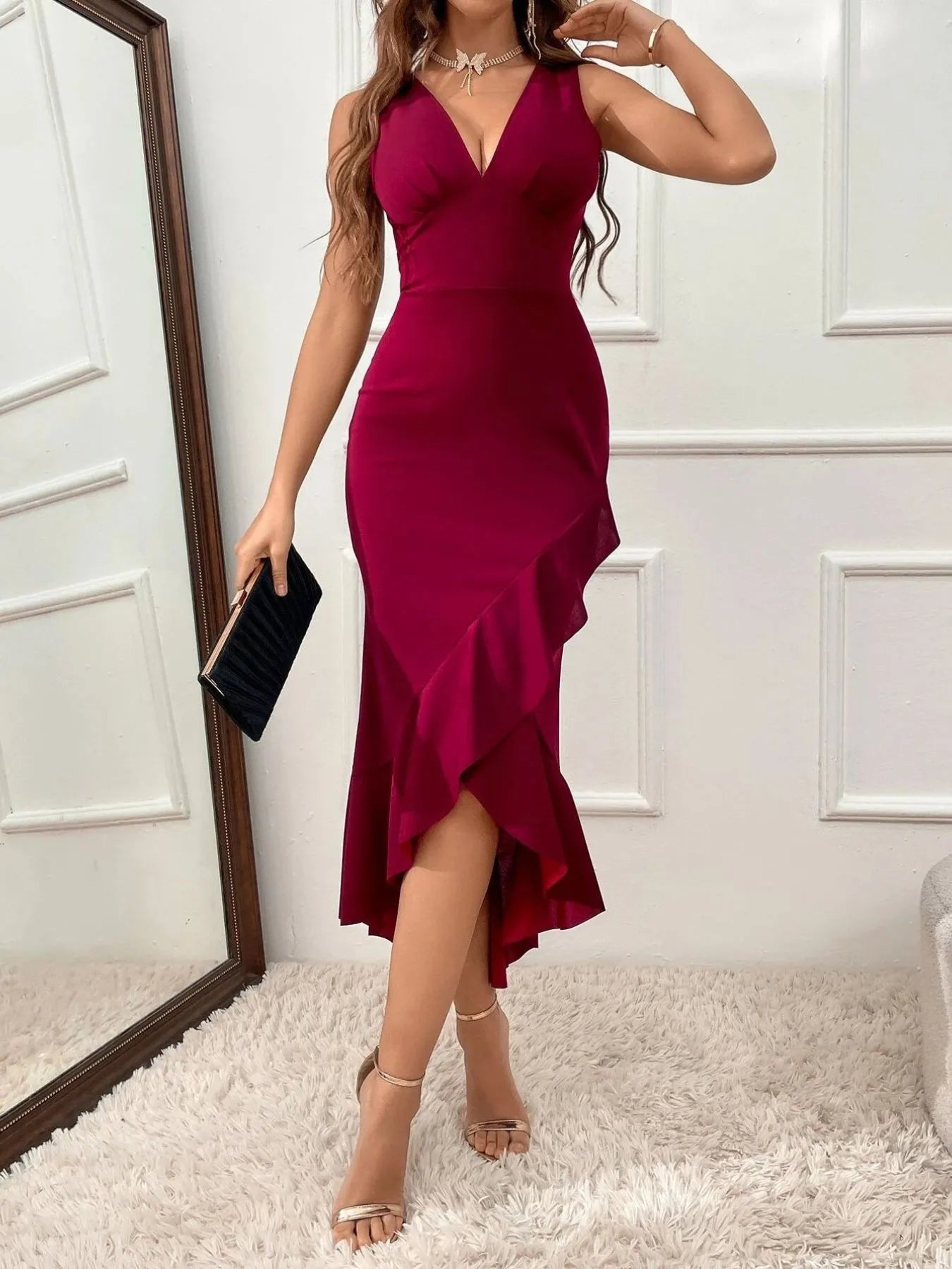 Ruffle Hem V-Neck Bodycon Dress - Blushé Belle