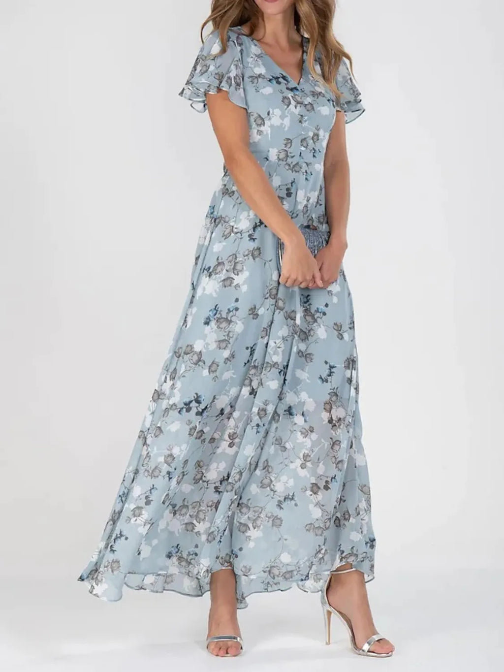 Floral V-Neck Flutter Sleeve Maxi Dress - Blushé Belle