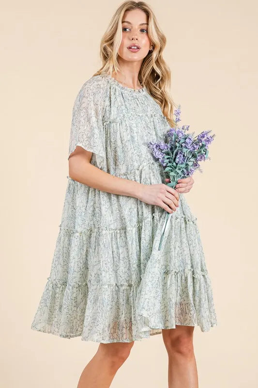 Lime 'N' Chili Ditsy Floral Print Sheer Ruffle Detail Mini Dress - Blushé Belle