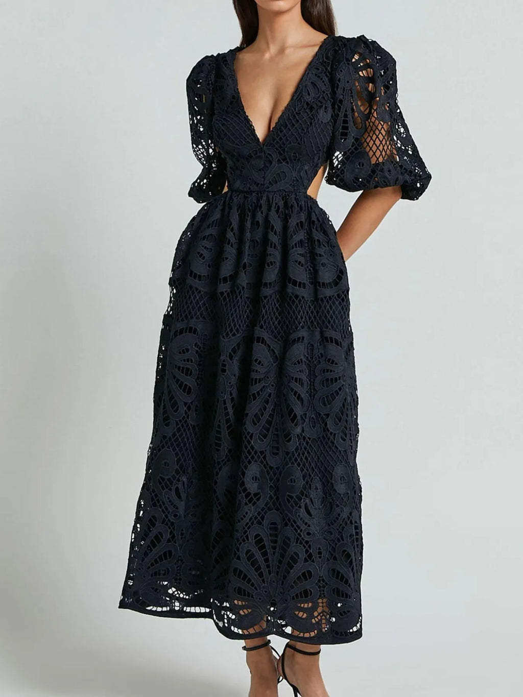 Cutout Back Lace Crochet V-Neck Dress - Blushé Belle