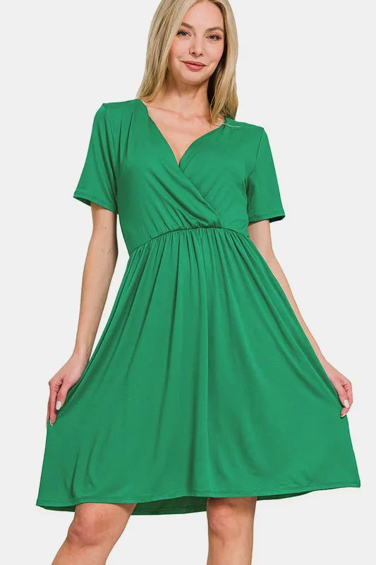 Zenana Surplice Short Sleeve Brushed DTY Dress - Blushé Belle