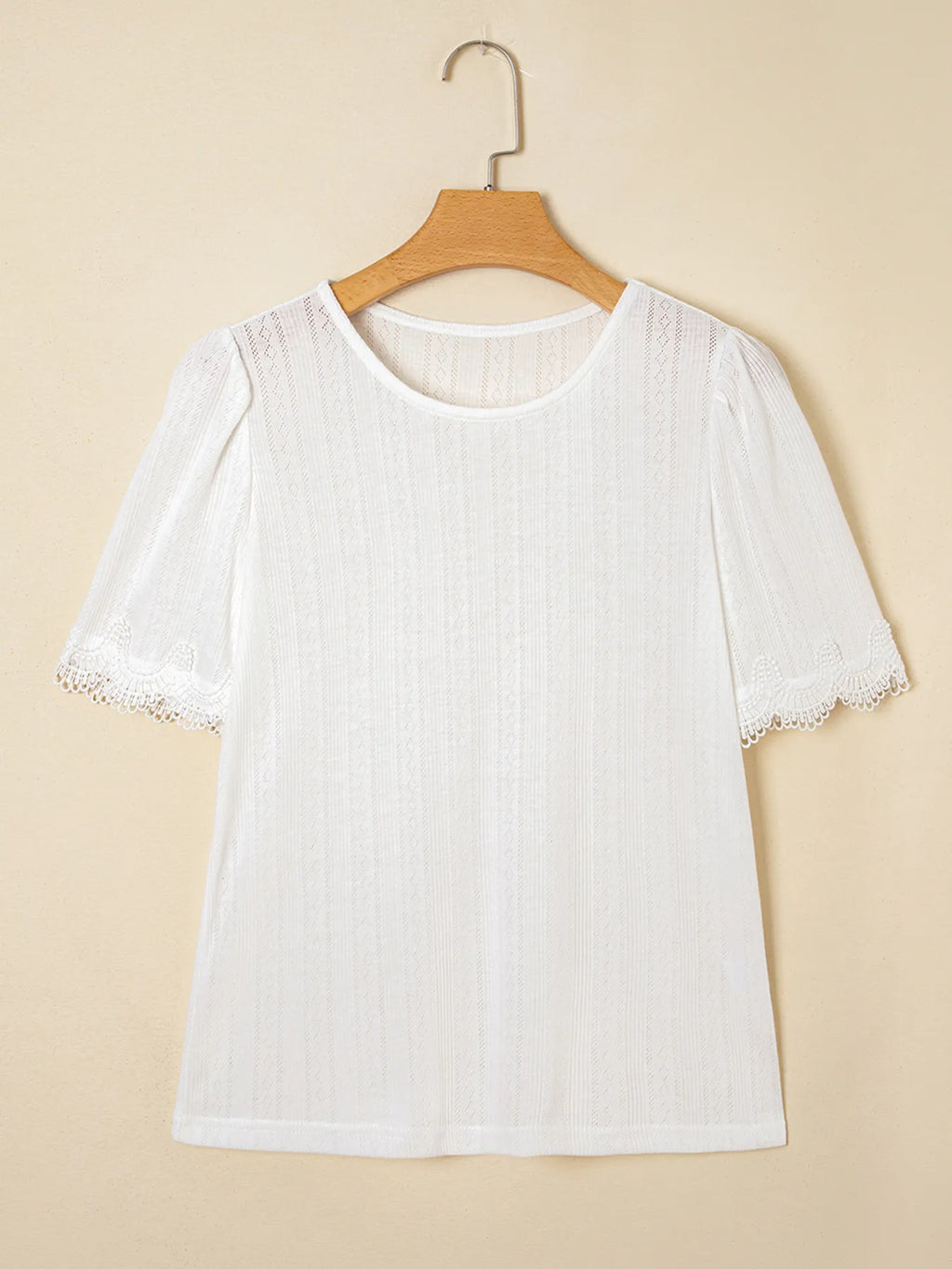 Scalloped Lace Trim Jacquard Textured T Shirt - Blushé Belle
