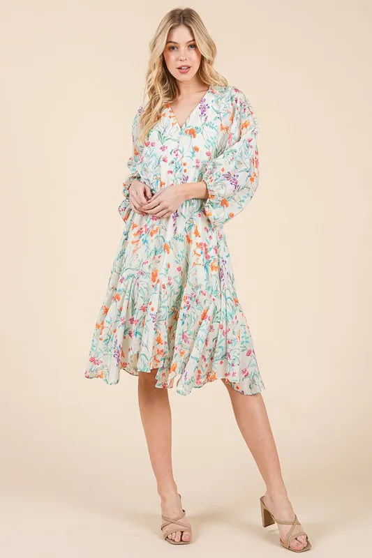 Lime 'N' Chili Floral Cinched Waist Balloon Sleeve V-Neck Dress - Blushé Belle