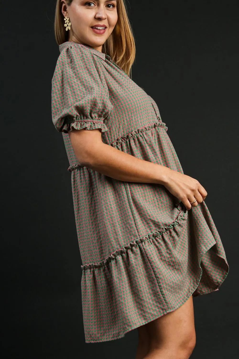 Umgee Full Size Plaid Frill Button Detail Ruffled Short Sleeve Dress Plus Size - Blushé Belle