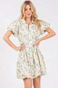 GeeGee Floral Eyelet Zipper Front Puff Sleeve Mini Dress - Blushé Belle
