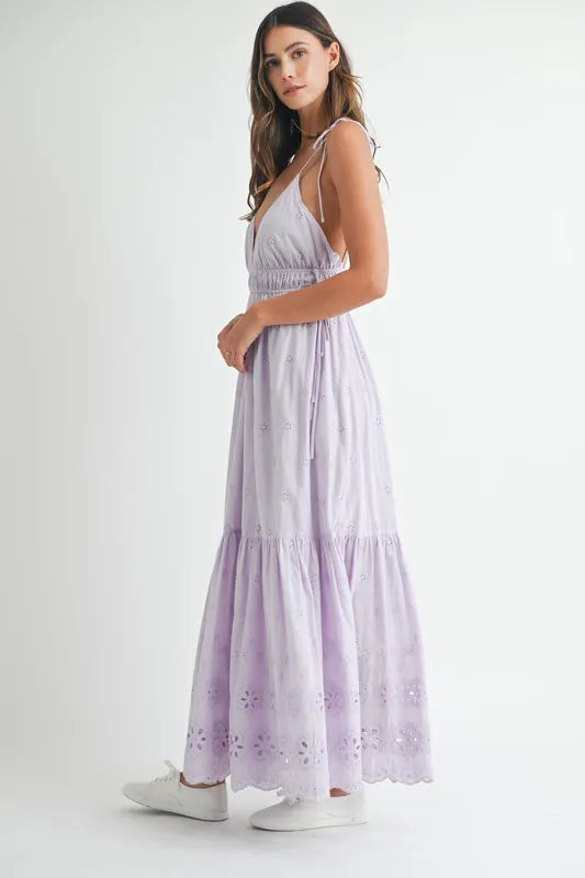 MABLE Eyelet Lace Maxi Dress With Side Strap Details - Blushé Belle