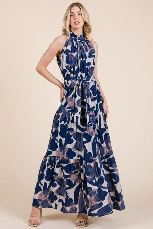 Lime 'N' Chili Abstract Halter Neck Tie-Waist Tiered Maxi Dress - Blushé Belle