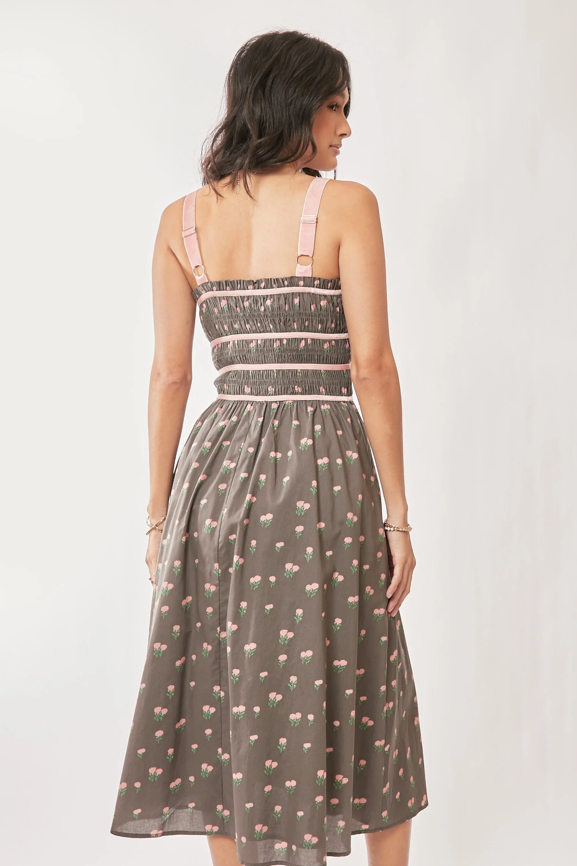 Davi & Dani Contrast Velvet Tape Smocking Bodice Midi Dress - Blushé Belle