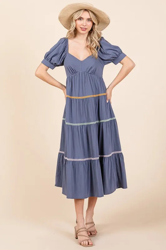 Lime 'N' Chili Trim Detail Puff Sleeve Tiered Maxi Dress - Blushé Belle