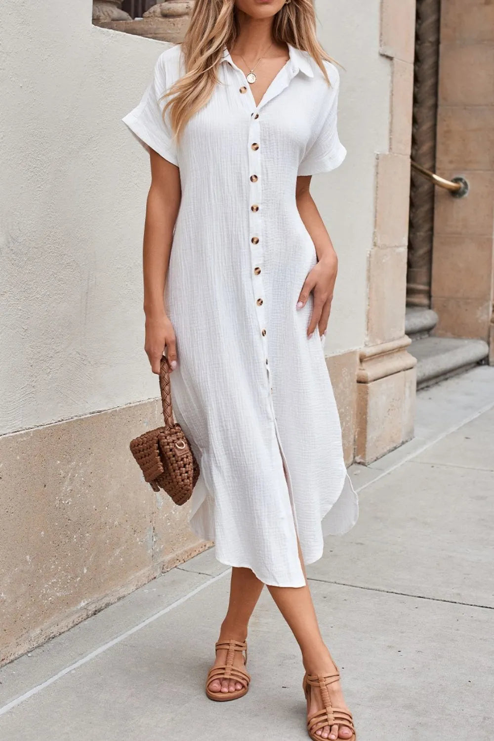 Button Down Short Sleeve Midi Shirt Dress - Blushé Belle