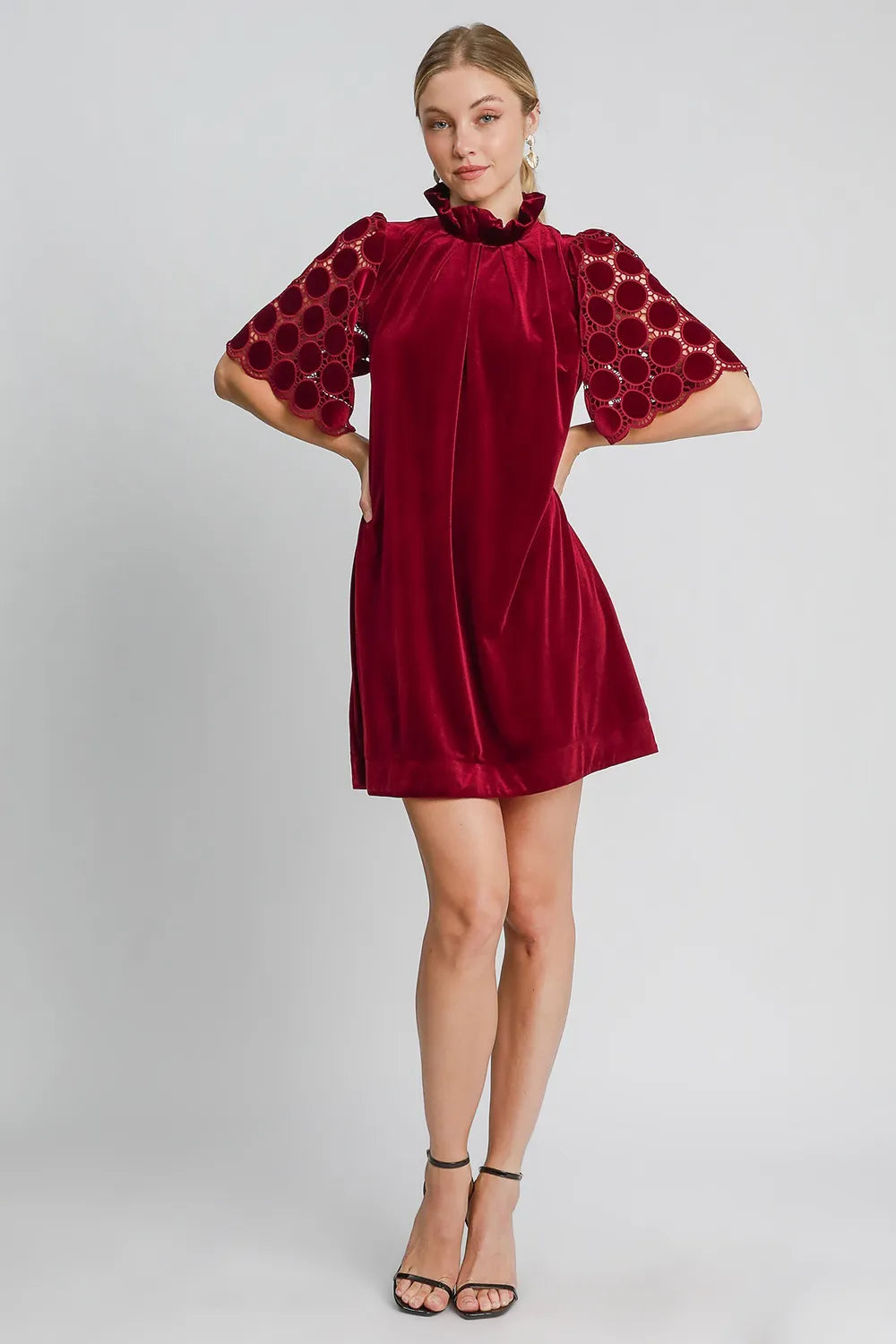 Umgee Dotted Lace Half Sleeve Mock Neck Back Tie Velvet Dress - Blushé Belle