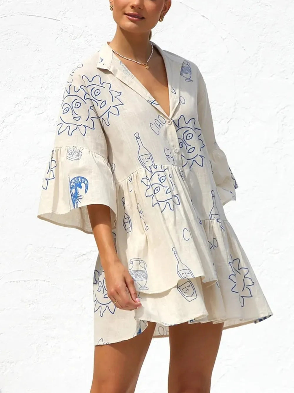 Button Detail Printed Mini Dress - Blushé Belle