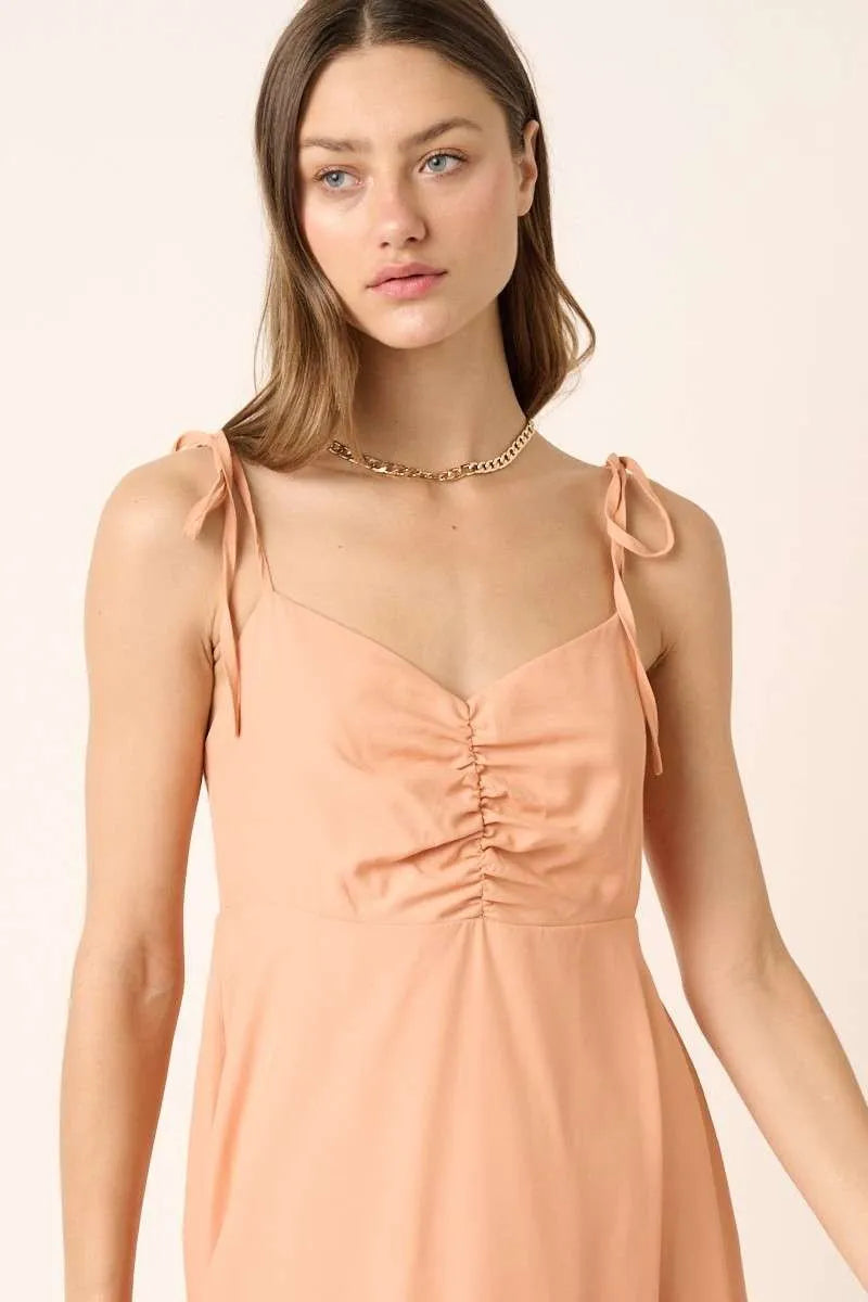 Mittoshop Ruched Detail Spaghetti Tie Mini Dress - Blushé Belle