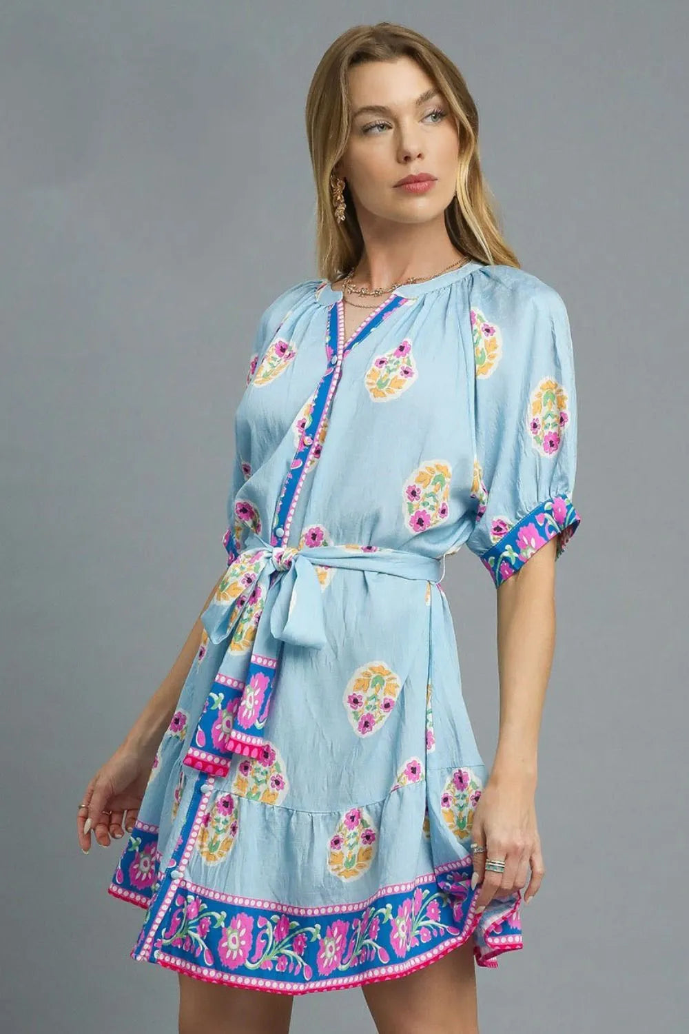 Umgee Floral Print Tie Waist Short Sleeve Dress - Blushé Belle