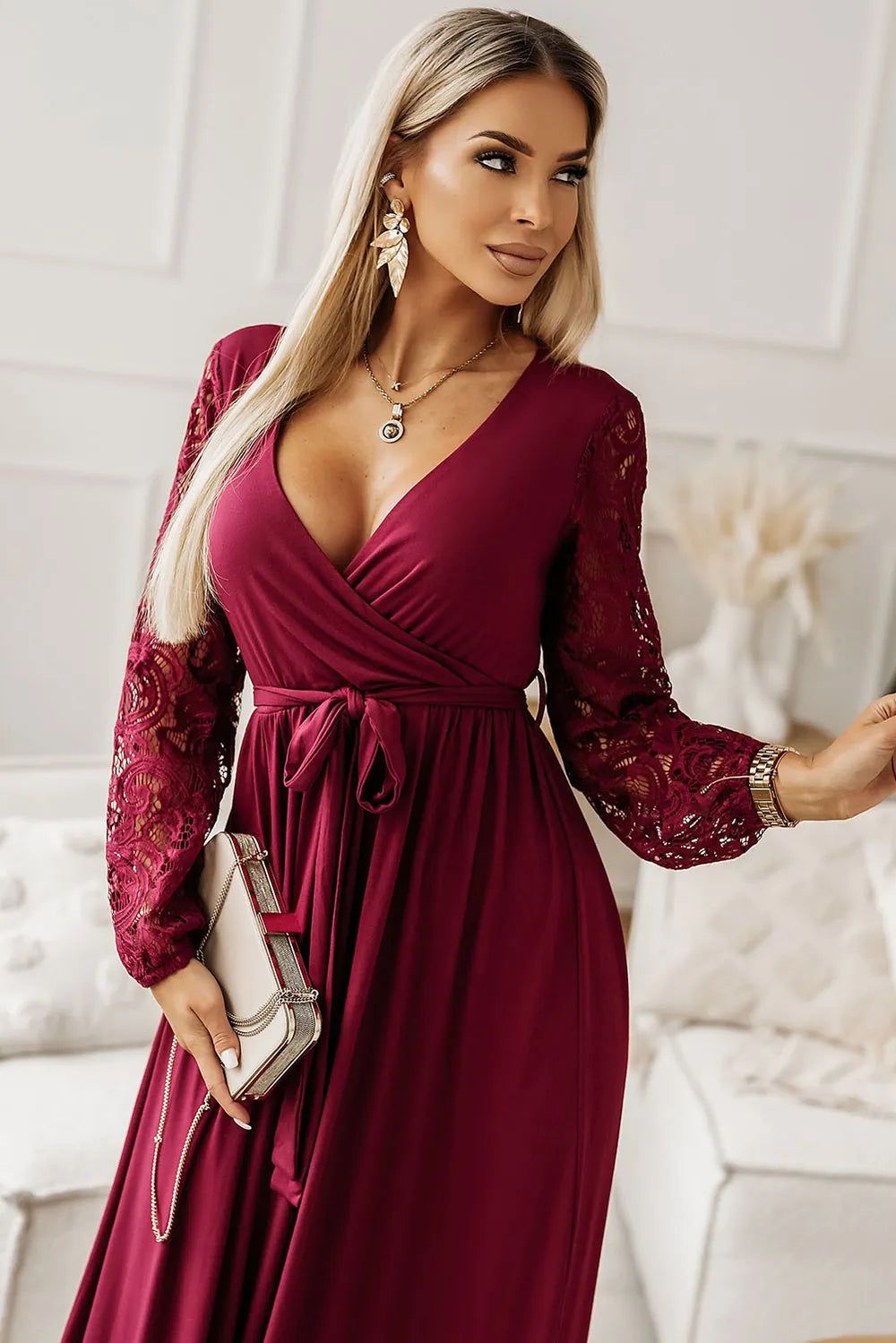 Lace Detail Surplice Tie-Waist Maxi Dress - Blushé Belle