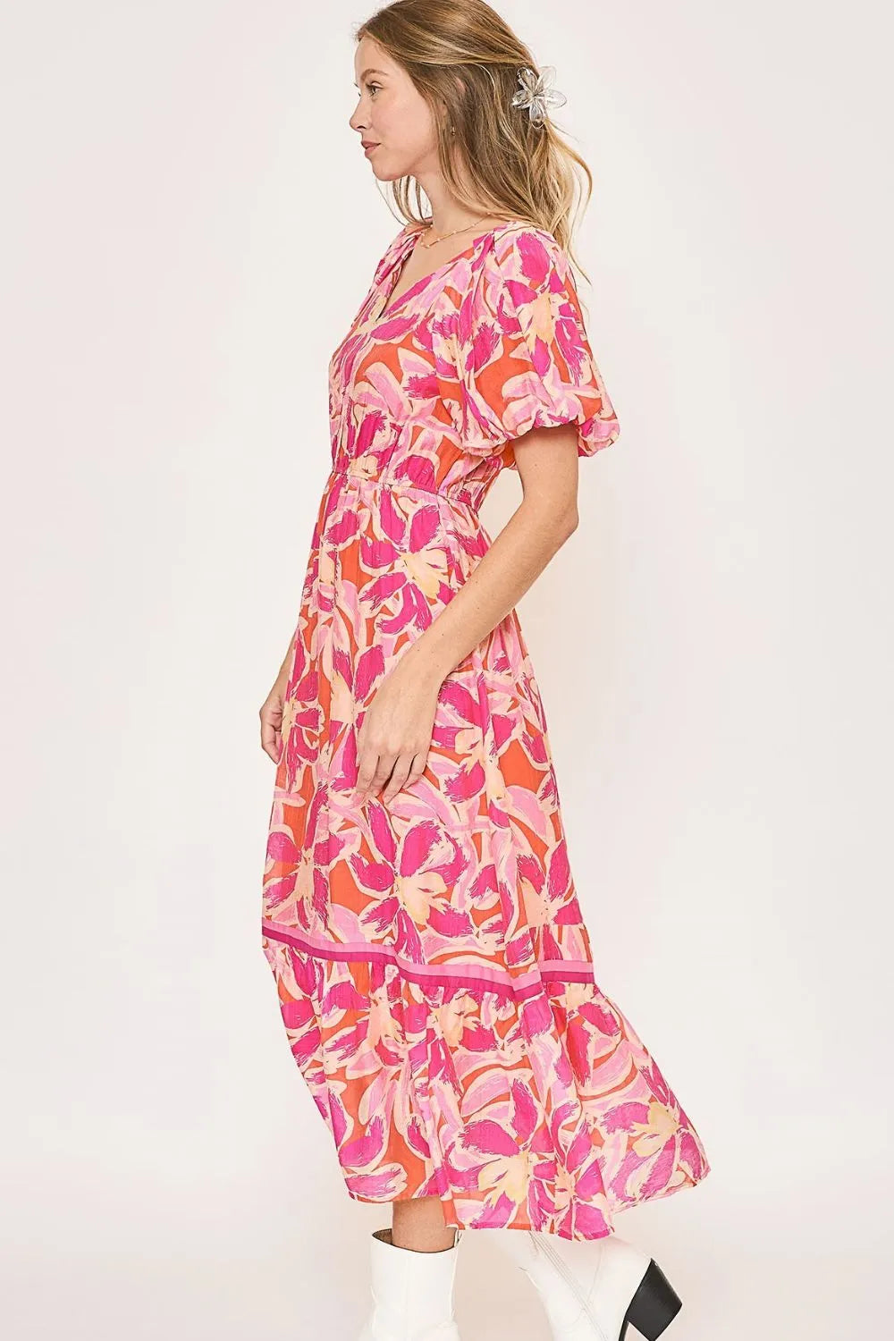 Umgee Floral Notched Puff Sleeve Midi Dress - Blushé Belle