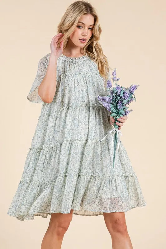 Lime 'N' Chili Ditsy Floral Print Sheer Ruffle Detail Mini Dress - Blushé Belle