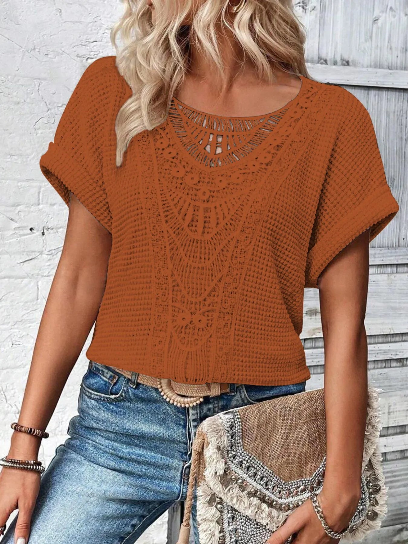 Crochet Lace Short Sleeve Casual T-Shirt - Blushé Belle