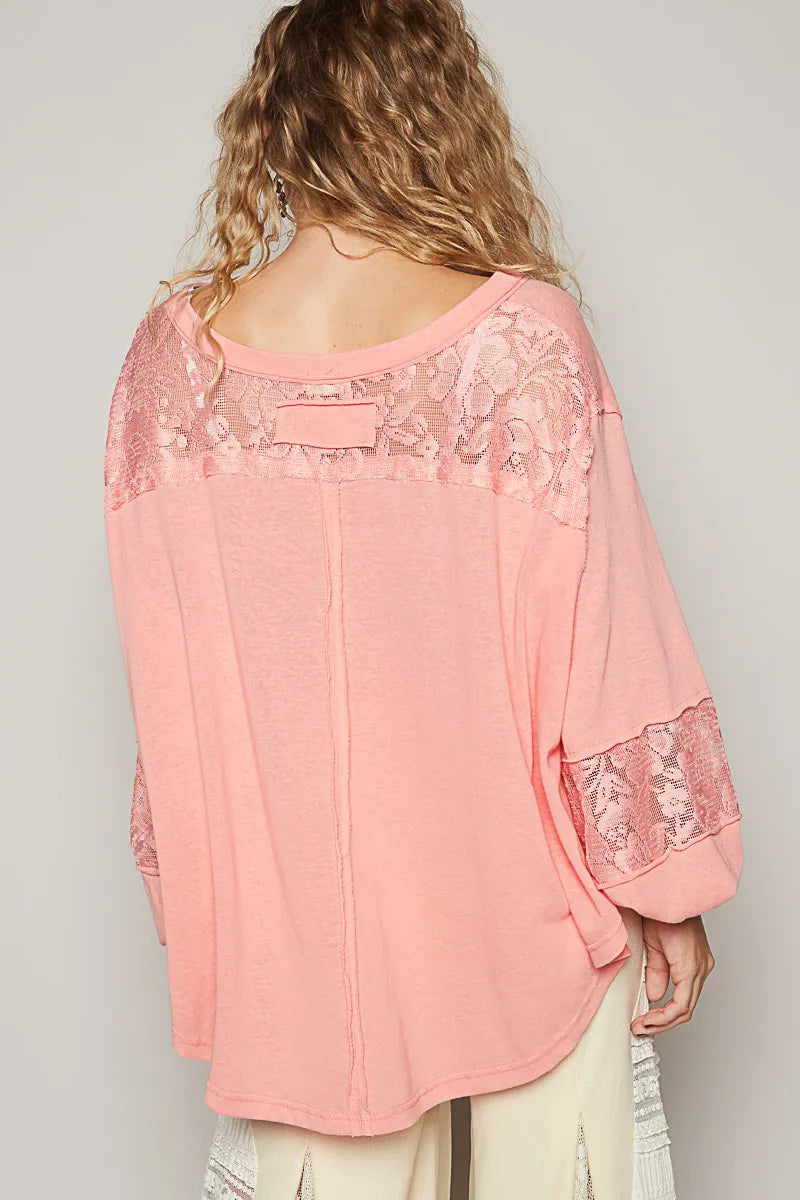 POL V-Neck Long Sleeve T-Shirt with Lace Detail - Blushé Belle