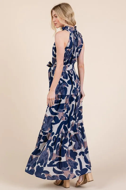 Lime 'N' Chili Abstract Halter Neck Tie-Waist Tiered Maxi Dress - Blushé Belle