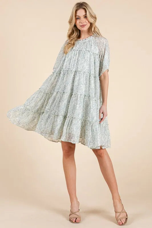 Lime 'N' Chili Ditsy Floral Print Sheer Ruffle Detail Mini Dress - Blushé Belle