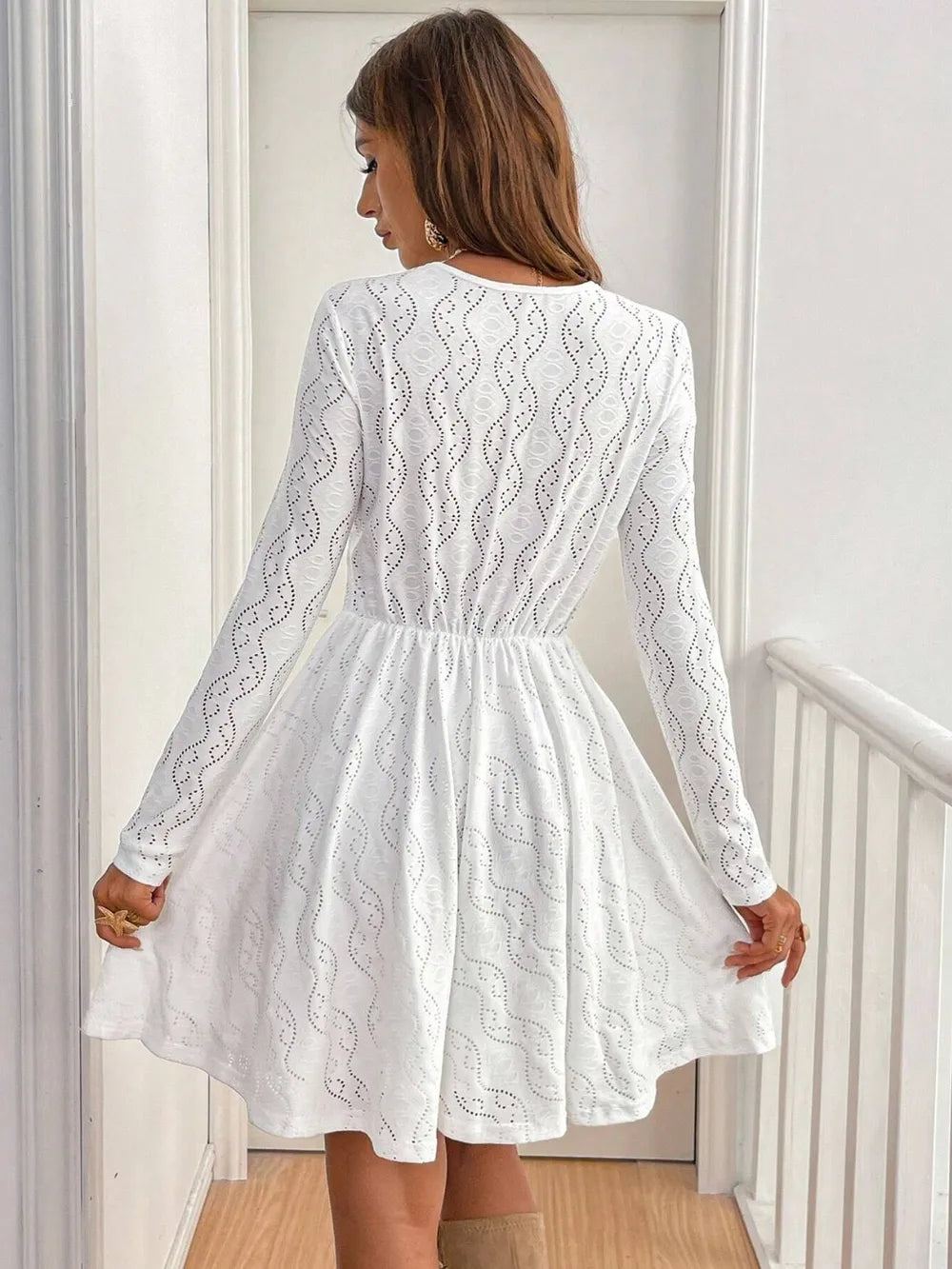 Lace Detail V Neck Long Sleeve Mini Dress - Blushé Belle