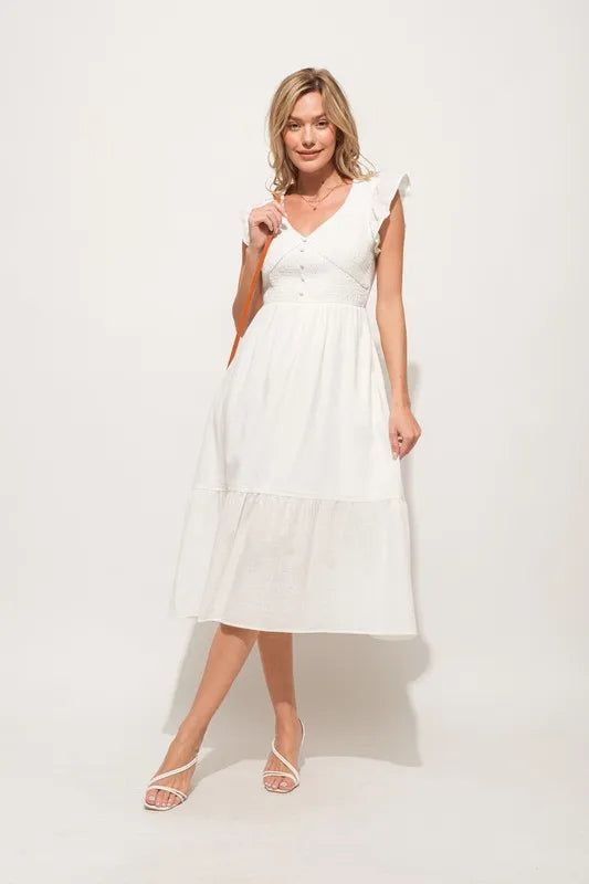 And The Why Ruffle Sleeve Front Smocked Tiered Midi Dress - Blushé Belle