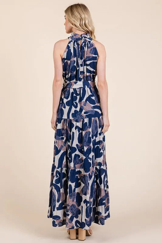 Lime 'N' Chili Abstract Halter Neck Tie-Waist Tiered Maxi Dress - Blushé Belle