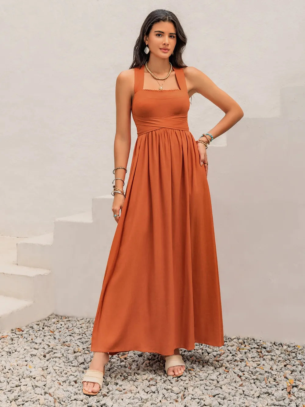 Crisscross Back Smocked Square Neck Maxi Dress - Blushé Belle