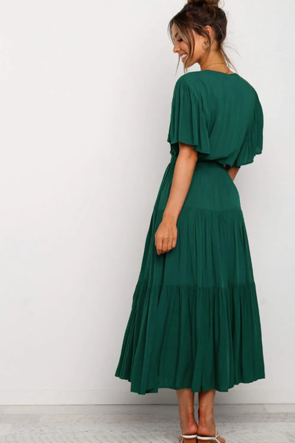 Front Tie Short Sleeve Tiered Midi Dress - Blushé Belle