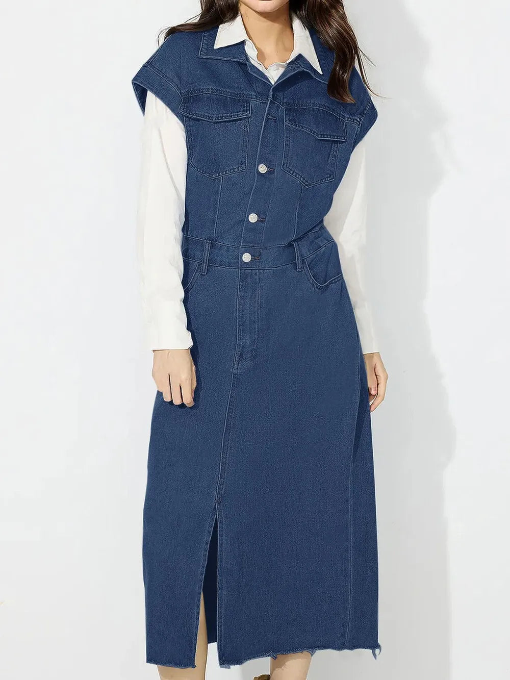 Slit Half Button Collared Neck Cap Sleeve Denim Dress - Blushé Belle