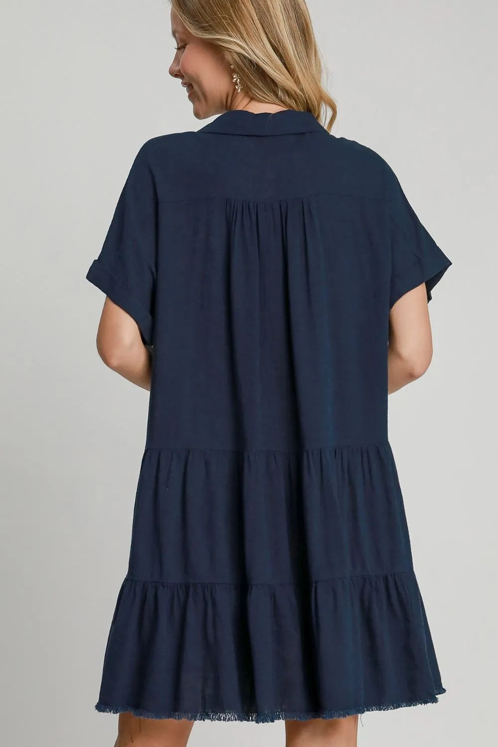 Umgee Full Size Raw Hem Folded Sleeve Tiered Dress Plus Size - Blushé Belle