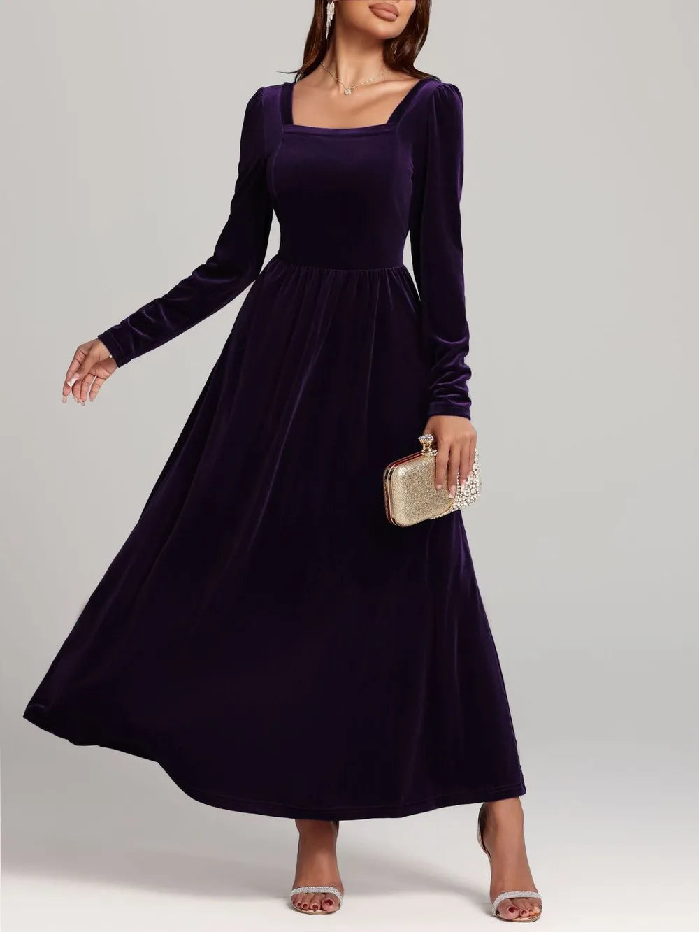 Velvet Square Neck Long Sleeve Dress - Blushé Belle